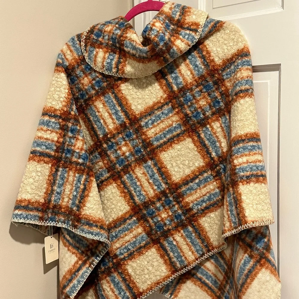 Women's Cape in Cream, Blue, and Orange/Caramel Plaid